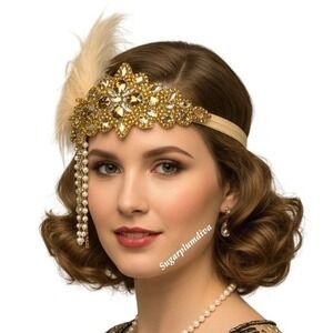Babeyond Timeless Gold Rhinestone Feather Gatsby Flapper Party Costume Headband